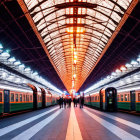 Brightly lit train station with arched glass ceiling, green trains, and silhouetted figures