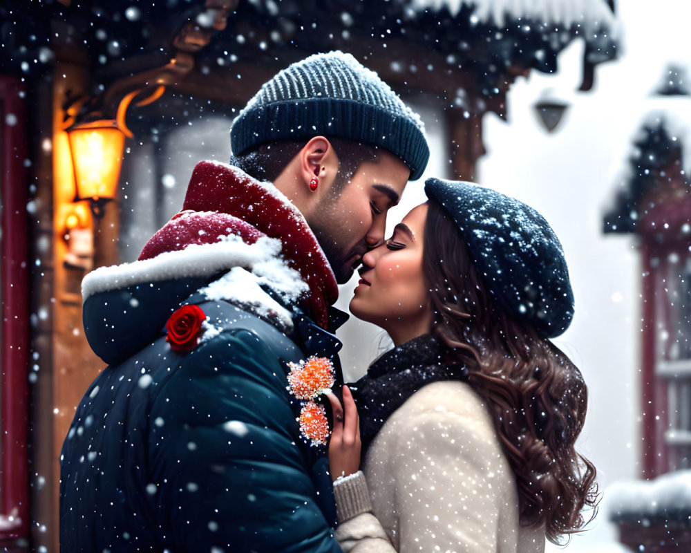 Romantic couple kissing in winter attire with lantern and snowflakes.