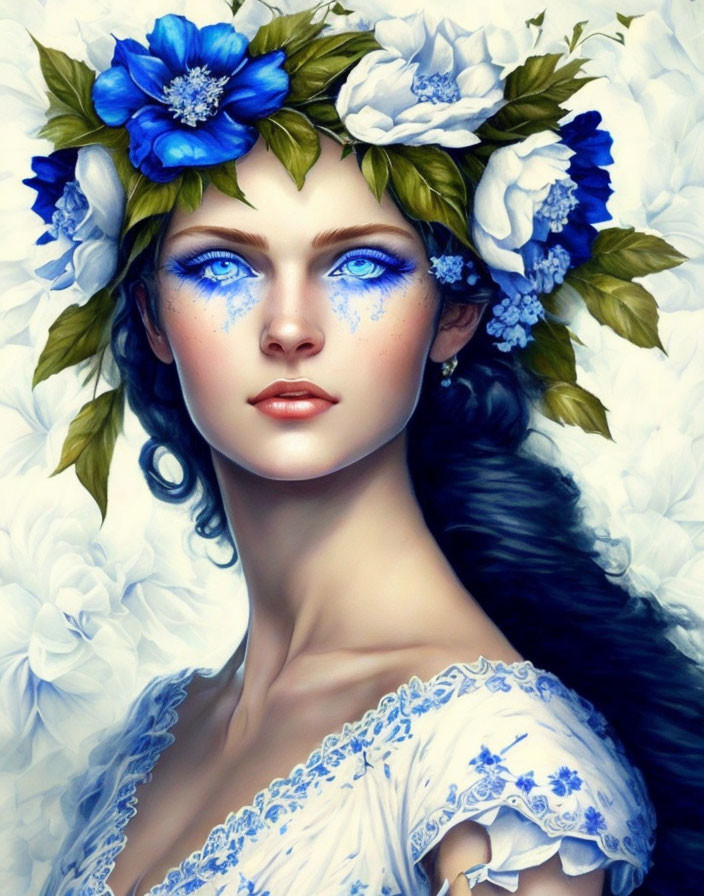 Digital Art Portrait of Woman with Blue Eyes and Floral Adornments