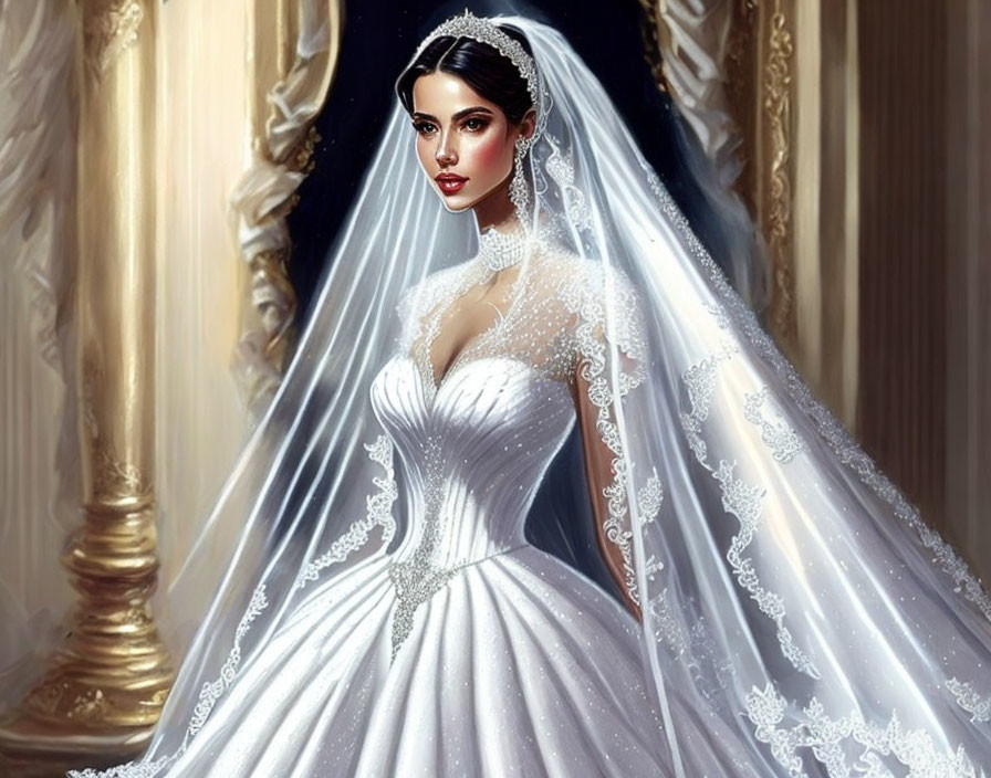 Elegant bride in white gown with lace details and tiara