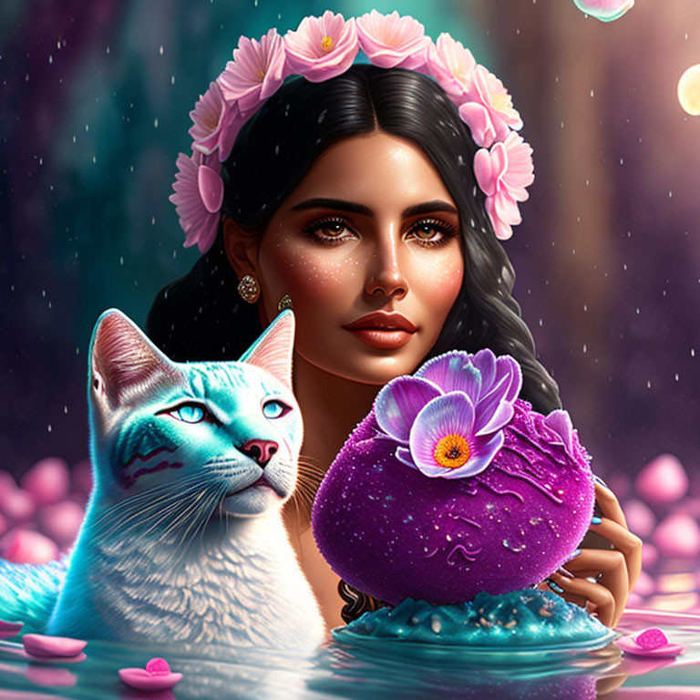 Woman with floral crown and blue-eyed cat in magical starry scene