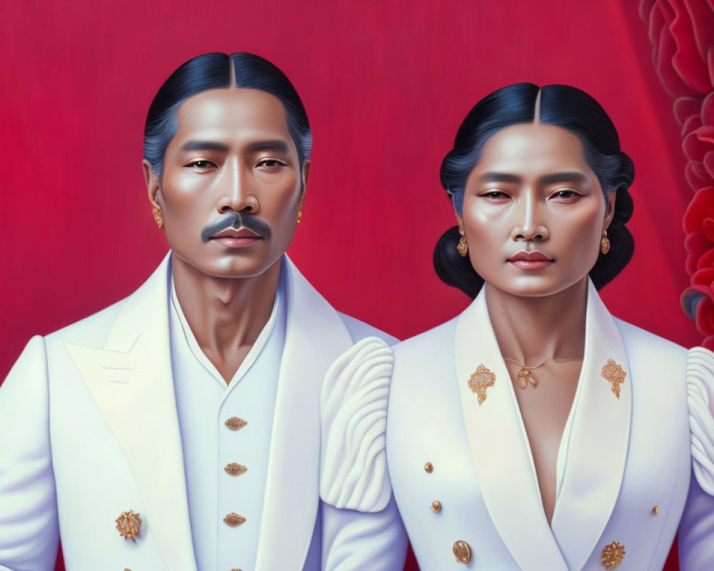 Asian man and woman in elegant white attire against red backdrop with floral elements