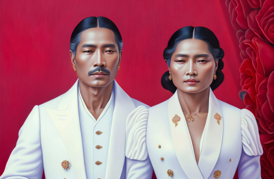 Asian man and woman in elegant white attire against red backdrop with floral elements