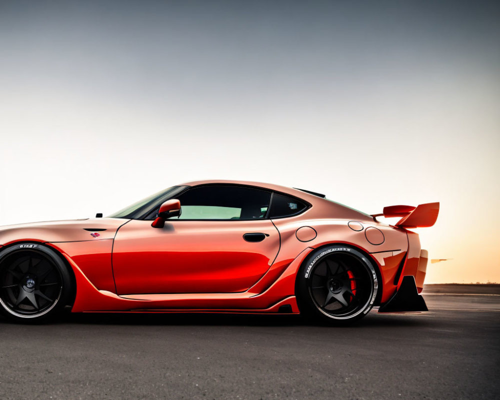 Red sports car with rear wing and black rims parked on asphalt road at dusk