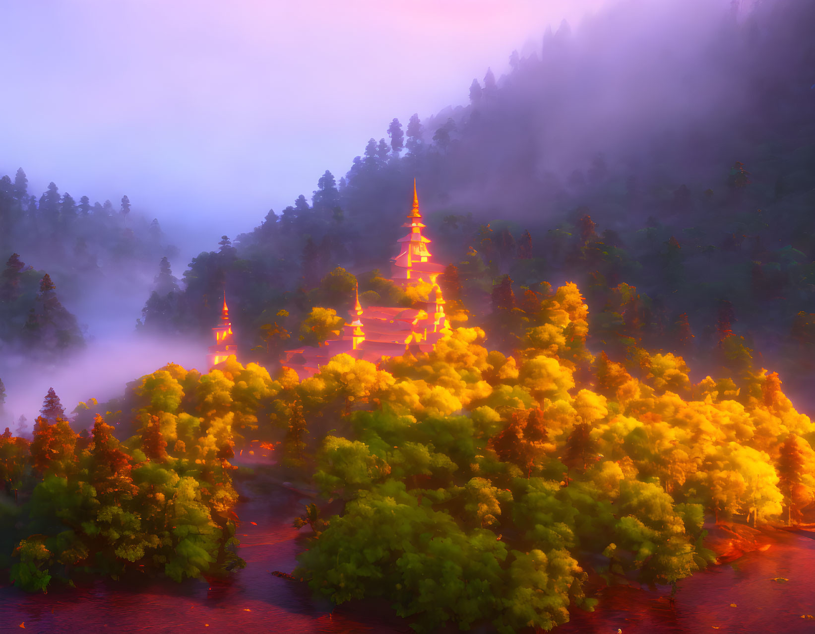 Golden pagoda in misty autumn sunrise with trees.