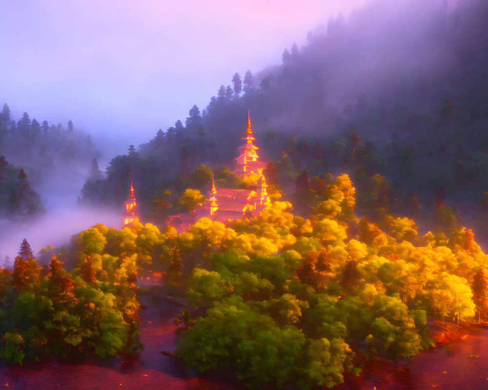 Golden pagoda in misty autumn sunrise with trees.