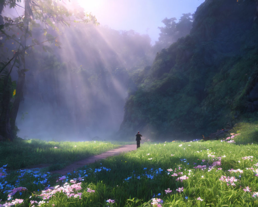 Person walking among wildflowers in serene landscape