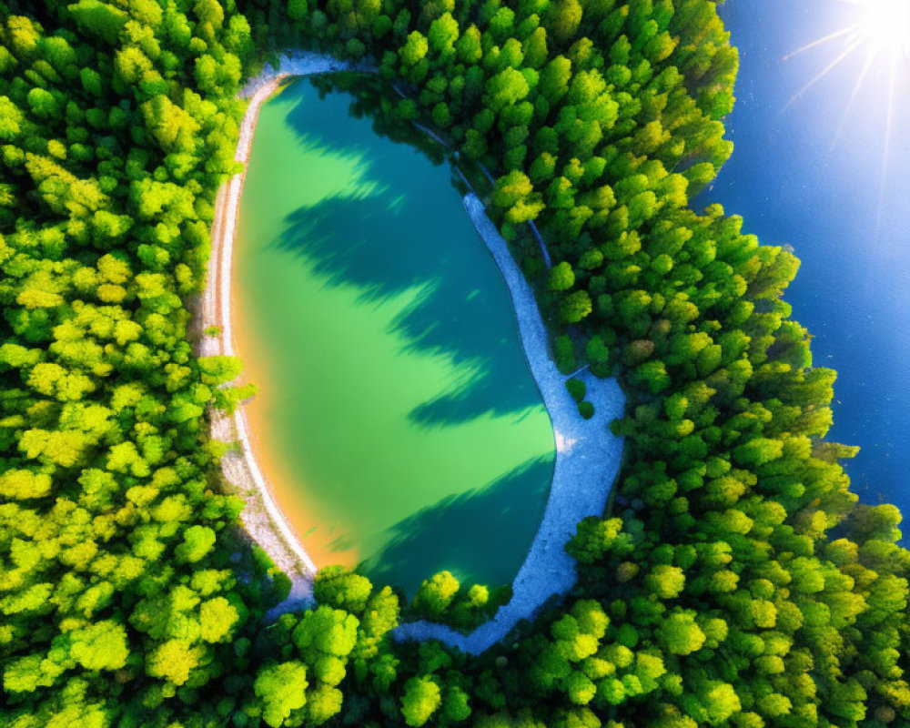 Lush Green Forested Island with Serene Lake and Sunlight Beam