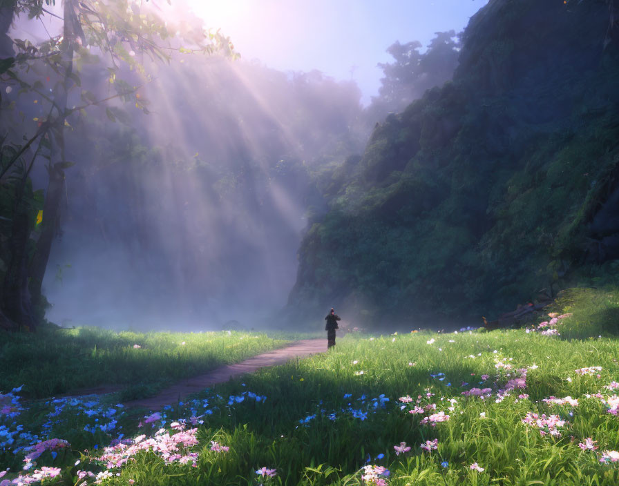 Person walking among wildflowers in serene landscape