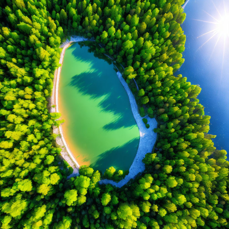 Lush Green Forested Island with Serene Lake and Sunlight Beam