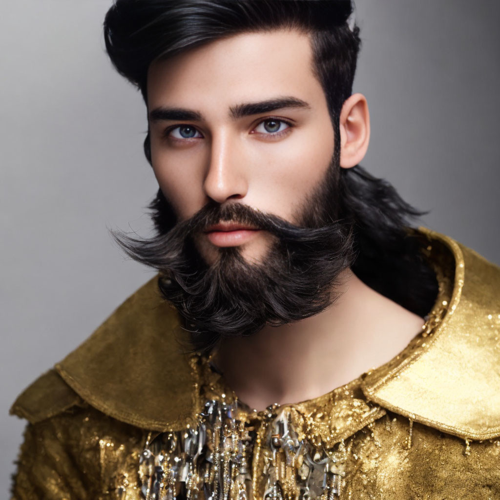 Styled Beard and Mustache Man in Golden Sequined Outfit on Grey Background