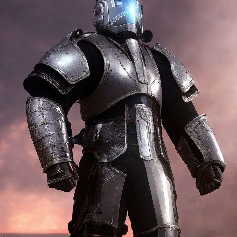 Futuristic knight in metallic armor with glowing blue eyes against pink sky