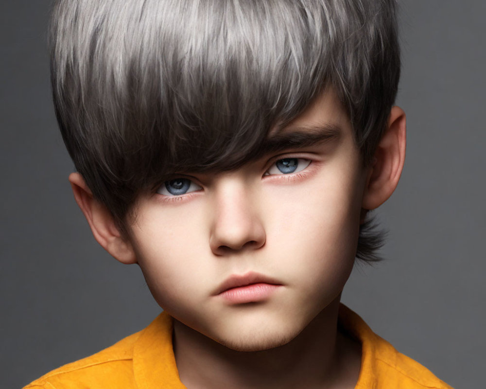 Child with Blue Eyes and Silver Hair in Yellow Shirt on Grey Background