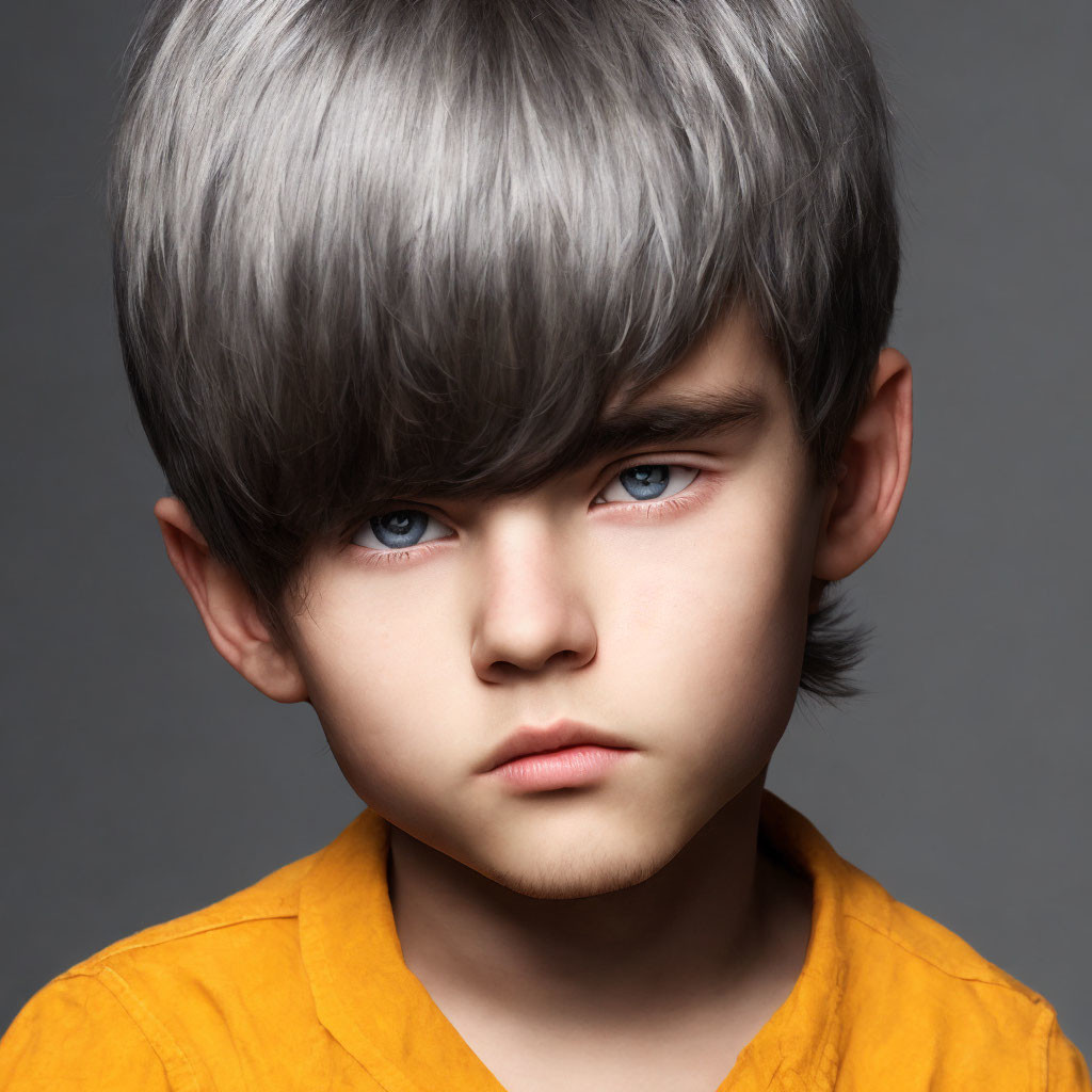 Child with Blue Eyes and Silver Hair in Yellow Shirt on Grey Background