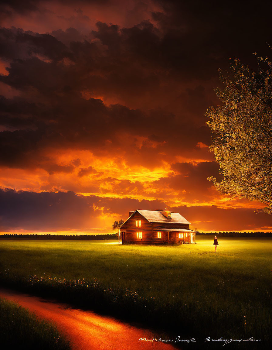 Vibrant sunset illuminates house with person, tree, and lush field