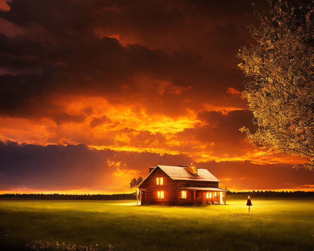 Vibrant sunset illuminates house with person, tree, and lush field