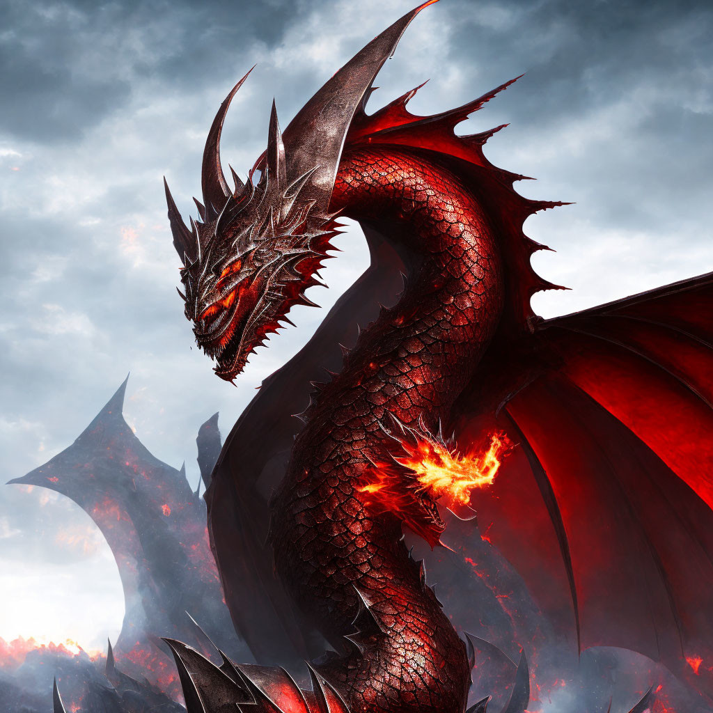 Red-Black Dragon with Glowing Eyes Breathing Fire in Stormy Sky