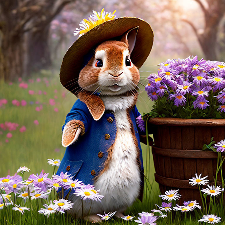 Illustrated rabbit in hat and coat by purple flowers in vibrant meadow