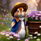 Illustrated rabbit in hat and coat by purple flowers in vibrant meadow