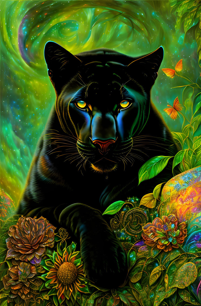 Digital art: Black panther with blue eyes in colorful jungle