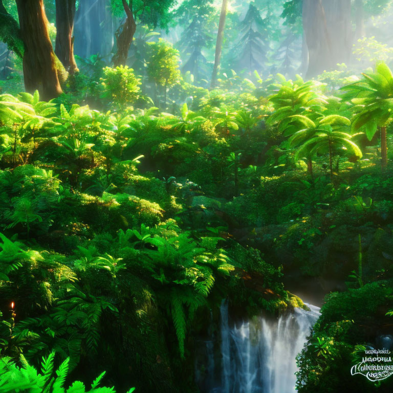 Serene waterfall in lush green forest with dense ferns