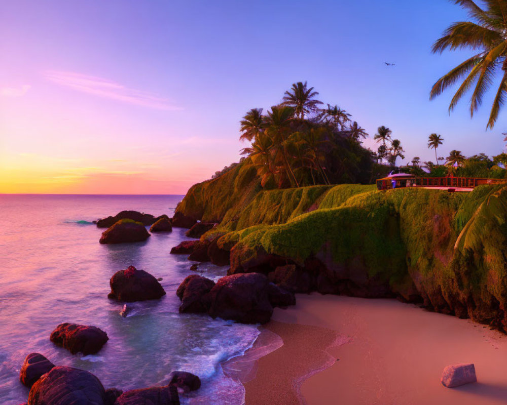 Tranquil beach scene with pink sunset, green cliffs, palm trees, waves, and gazebo