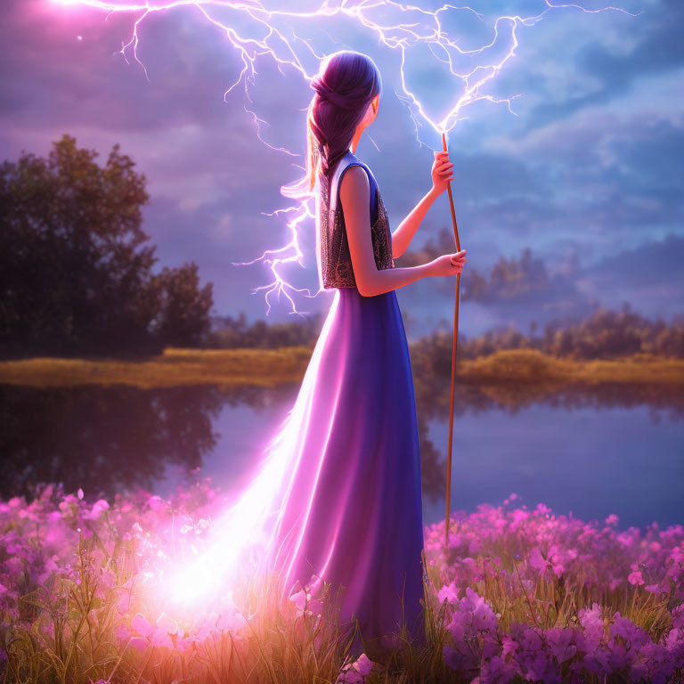 Woman in Purple Dress with Lightning Staff in Flower Field at Sunset