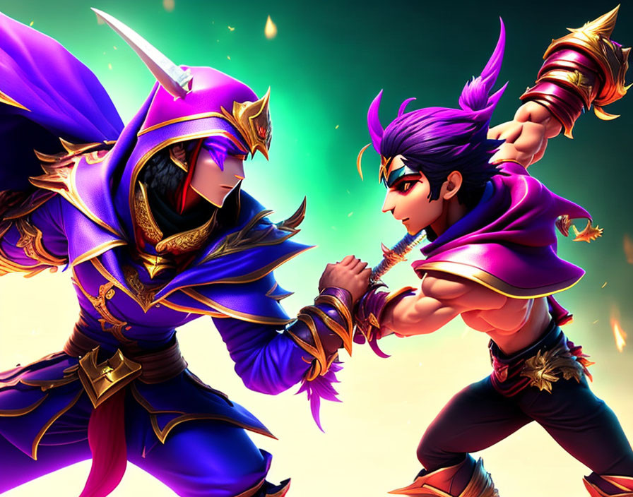 Animated characters in purple and pink armor facing off in battle stance