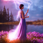 Woman in Purple Dress with Lightning Staff in Flower Field at Sunset