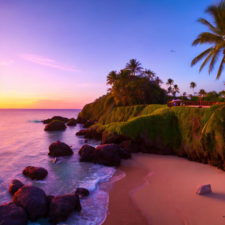 Tranquil beach scene with pink sunset, green cliffs, palm trees, waves, and gazebo