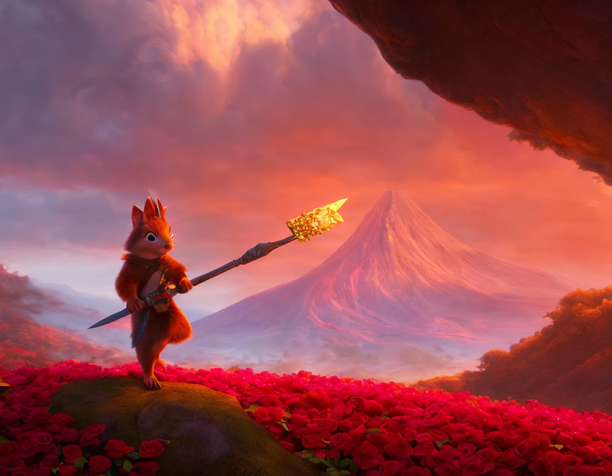 Armored squirrel with glowing staff among red flowers and volcano landscape