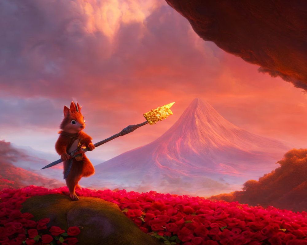 Armored squirrel with glowing staff among red flowers and volcano landscape