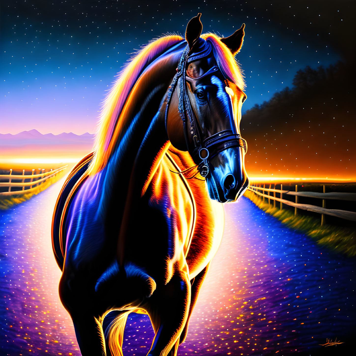 Vibrant digital painting: Horse with glowing outlines in starry night sky