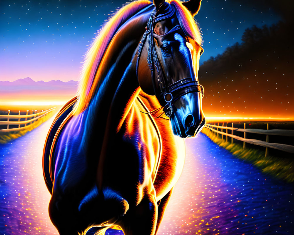 Vibrant digital painting: Horse with glowing outlines in starry night sky