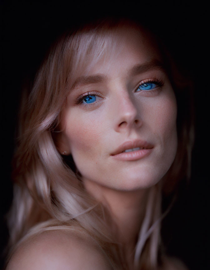 Portrait of a Woman with Blue Eyes and Blonde Hair on Dark Background