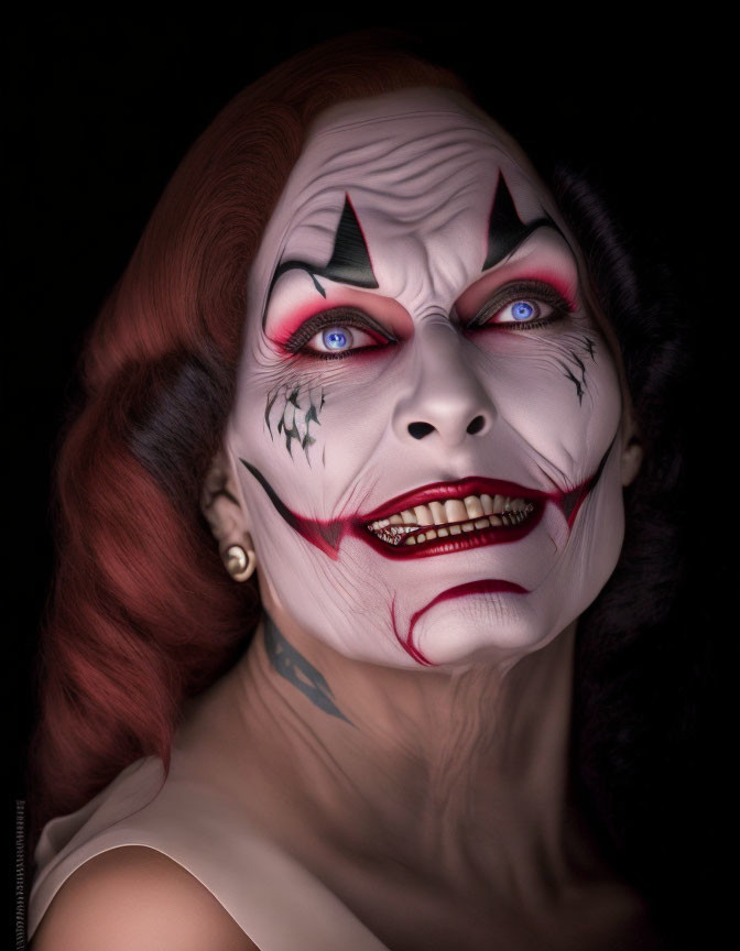 Clown-inspired makeup with white face paint and red hair