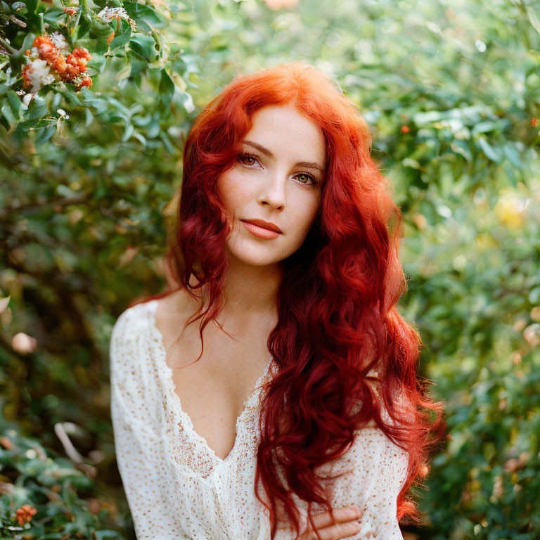 Red-haired woman in white dress surrounded by green foliage and orange berries