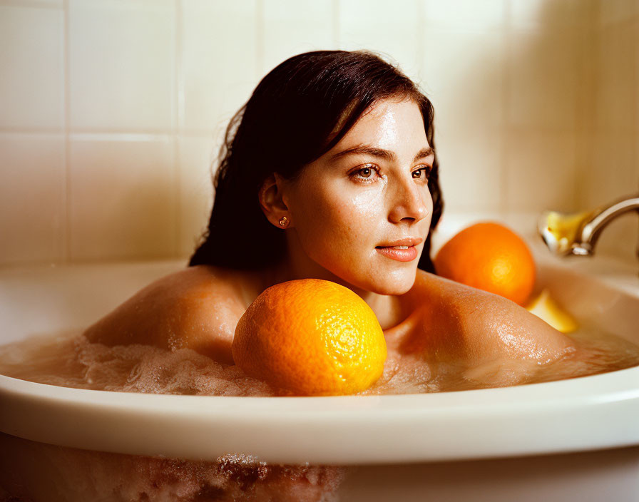 Woman Relaxing in Bubble Bath with Oranges and Warm Light