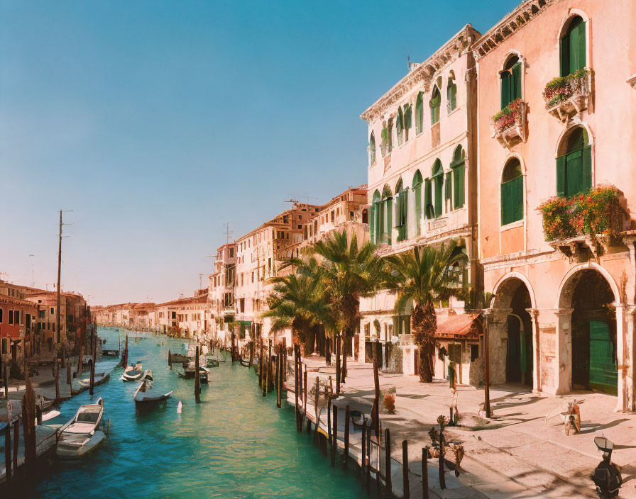 Historic Venice Canal with Buildings, Boats, and People