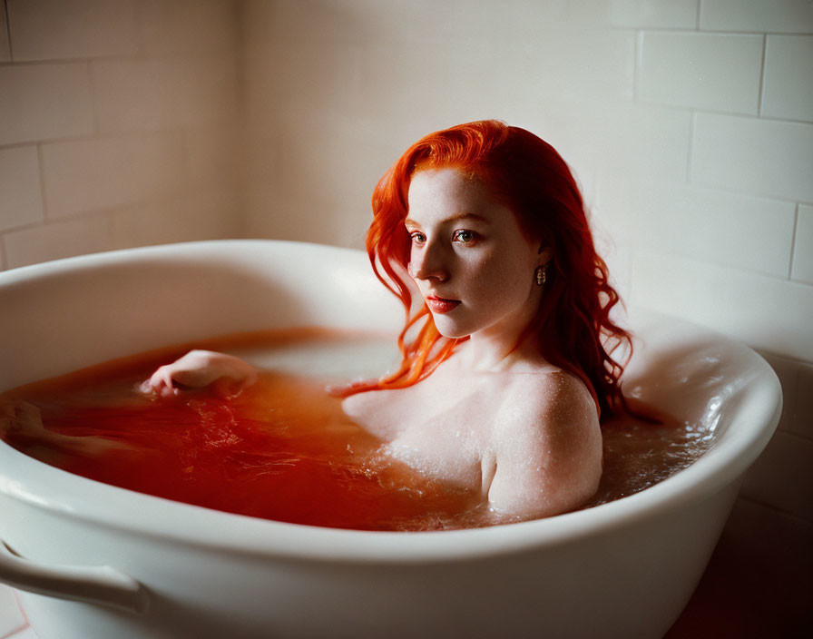 Red-Haired Woman Sitting in Bathtub with Warm Lighting