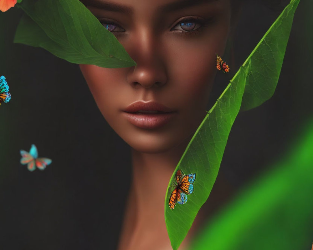 Woman's Face Surrounded by Green Leaves, Red Flowers, Blue Eyes, and Butterflies