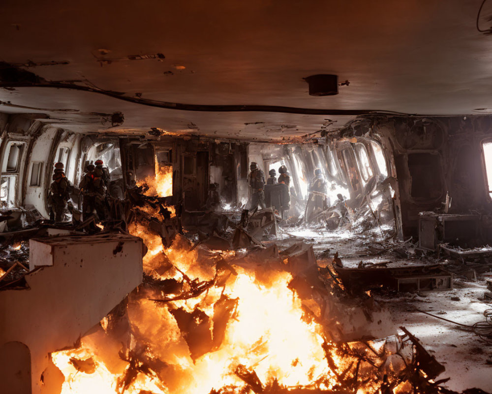 Intense firefighting scene in smoke-filled room