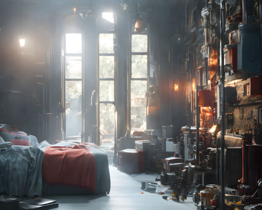 Sunlit industrial-style room with books and trinkets