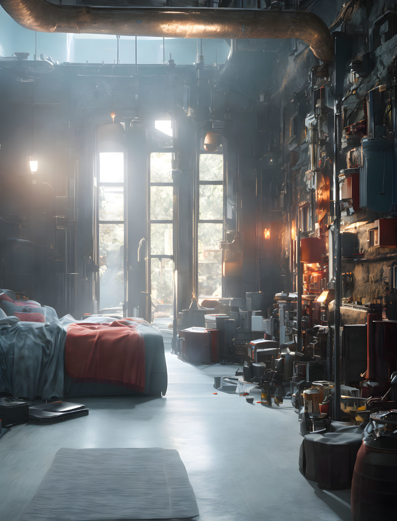 Sunlit industrial-style room with books and trinkets