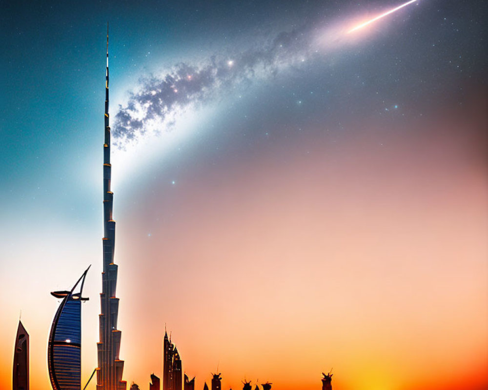 Majestic evening skyline with Burj Khalifa, meteor, warm sunset hues, and starry