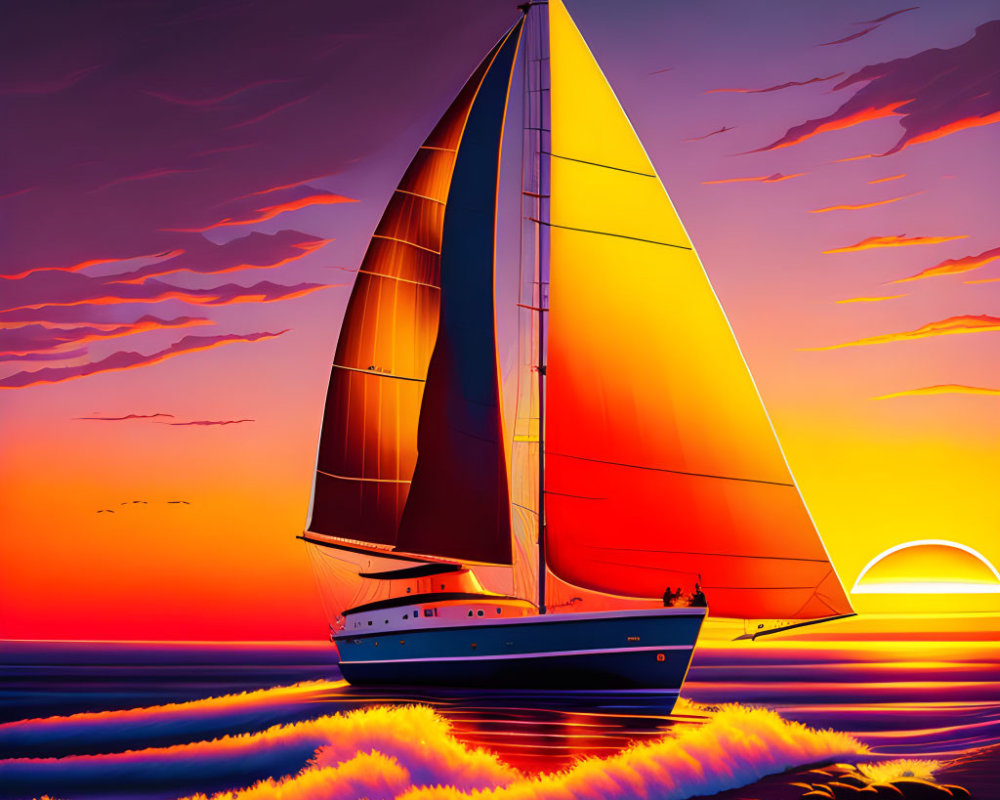 Colorful digital artwork: Sailboat with orange sails in purple and orange sunset.