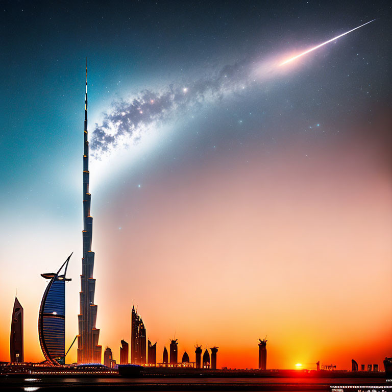 Majestic evening skyline with Burj Khalifa, meteor, warm sunset hues, and starry