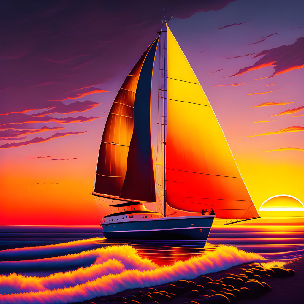 Colorful digital artwork: Sailboat with orange sails in purple and orange sunset.