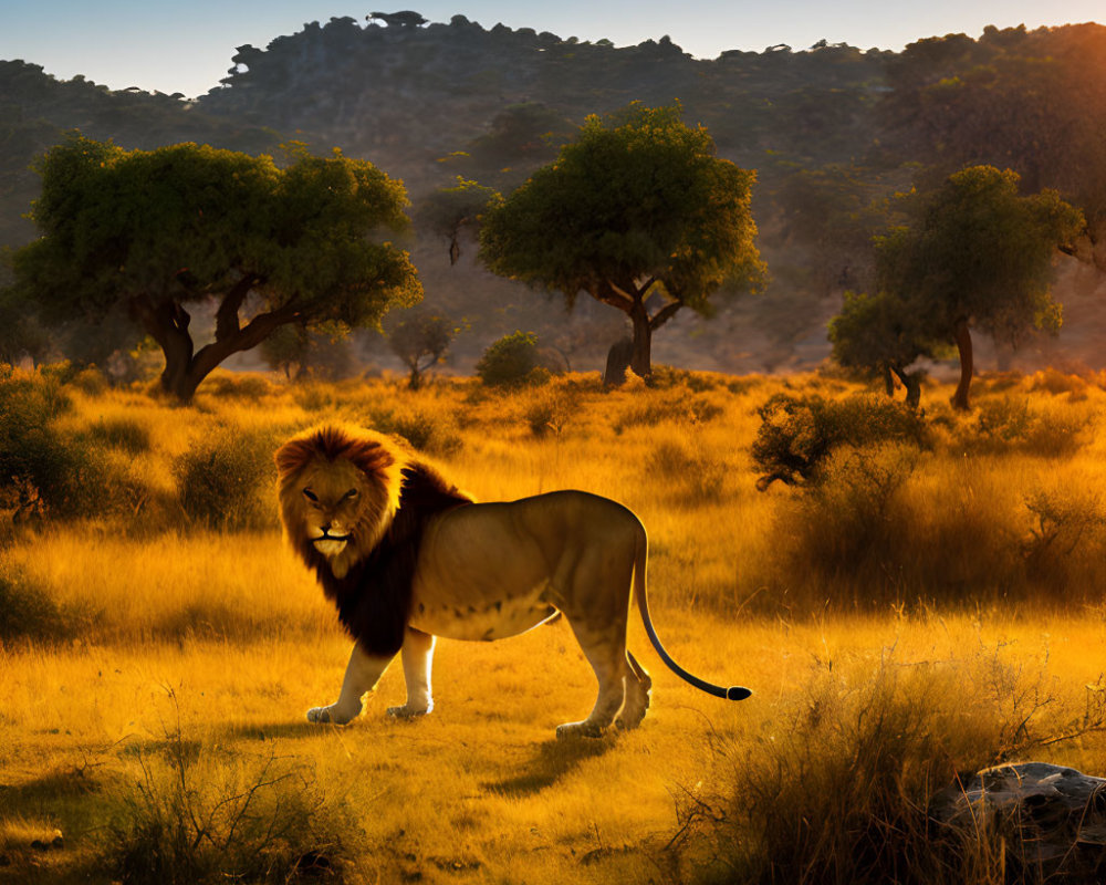 Majestic lion in golden savanna at sunrise with lush trees and serene sky