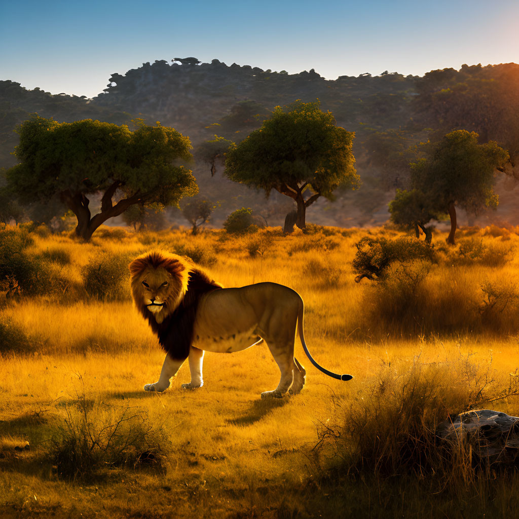 Majestic lion in golden savanna at sunrise with lush trees and serene sky